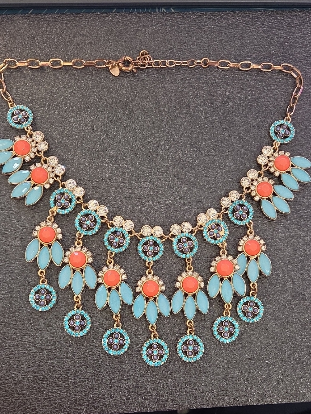 Huge Statement Blue And Coral Rhinestone Necklace